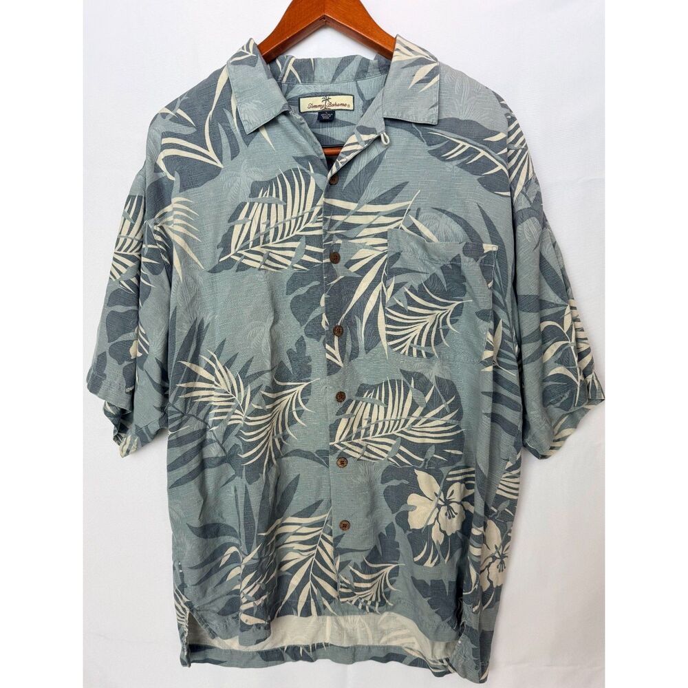 Tommy Bahama 100% Silk Hawaiian Shirt Large Slate Blue Palm Floral Camp